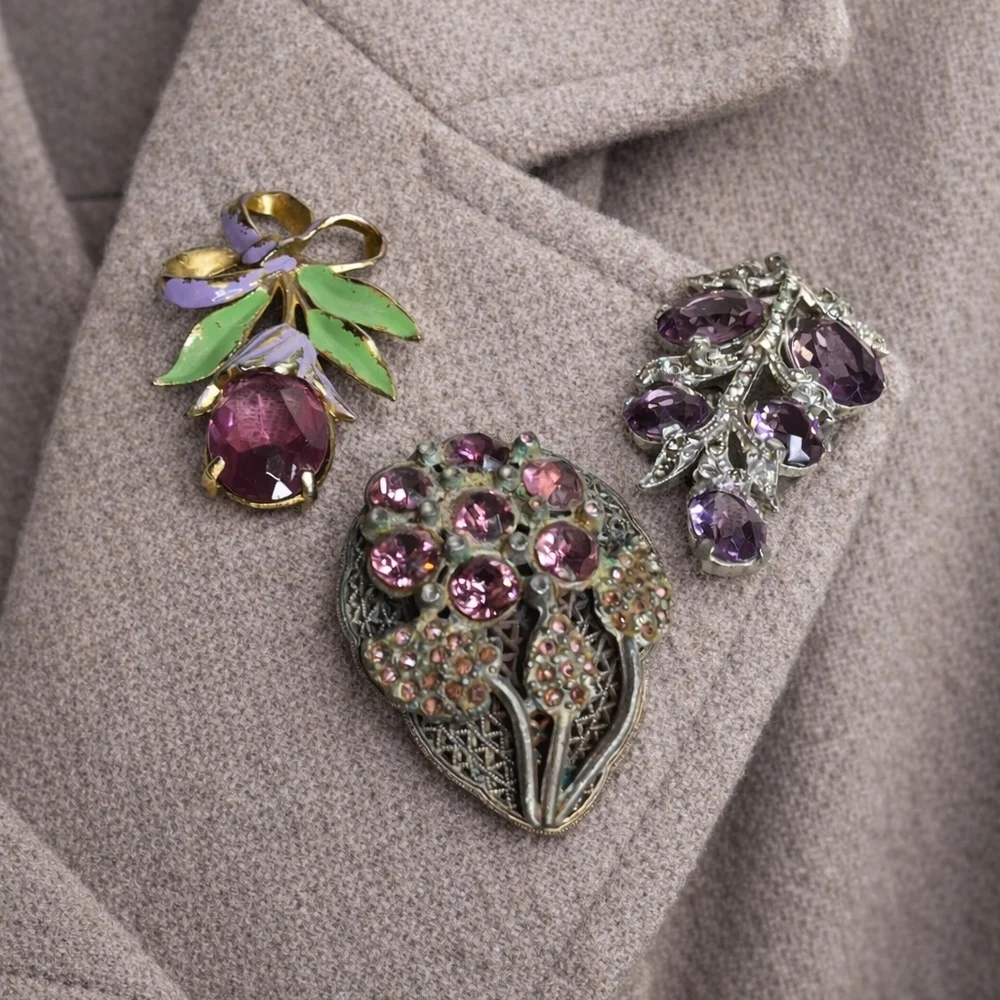 Vintage Floral Dress Clips Purple Rhinestones Enamel Leaf & Silver Tone Clip Lot